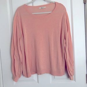 1X Sejour Sweet Pink Puff Sleeve Bound Wrist Thin Sweater